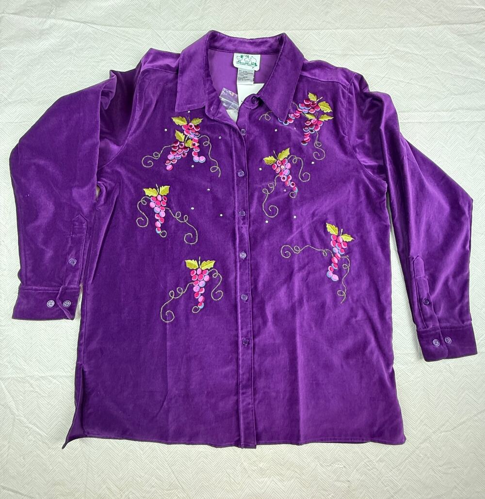 Quacker Factory SZ L Purple Velour Embroidered Grapes Long Sleeve Top NWT - Picture 1 of 13